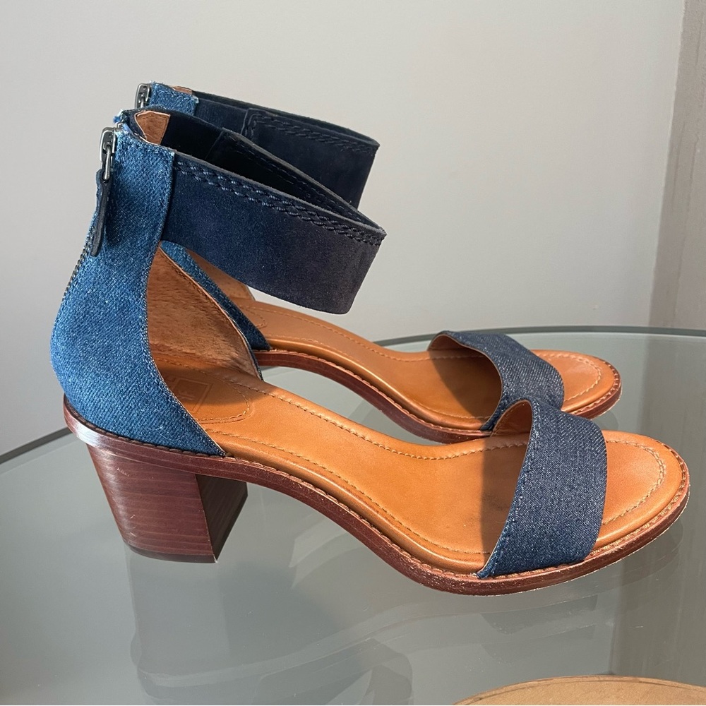 Frye Blue and Brown Heels with Ankle Strap and Open Toe